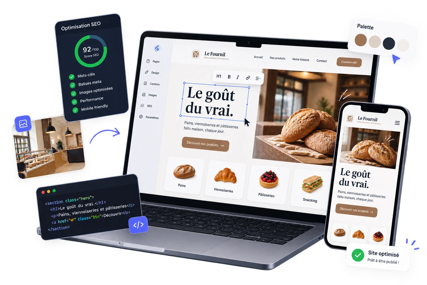 Création d'un site pour un commerce : éditeur visuel, score SEO, aperçu responsive et code généré.