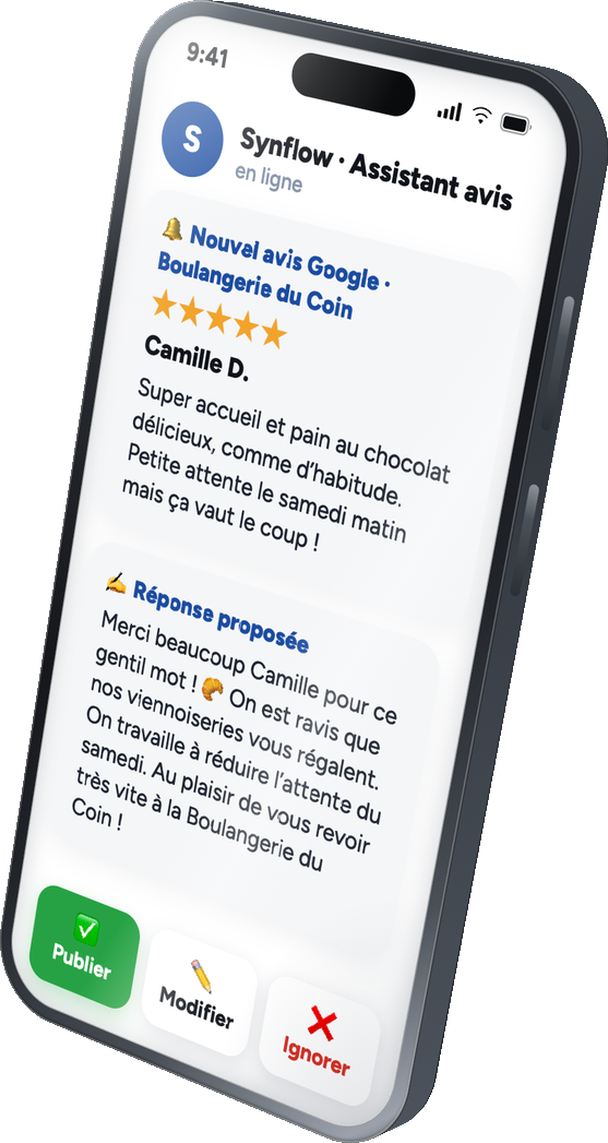 Aperçu : un avis Google 5 étoiles et la réponse préparée par Synflow, à valider d'un clic sur votre téléphone (Publier, Modifier ou Ignorer).