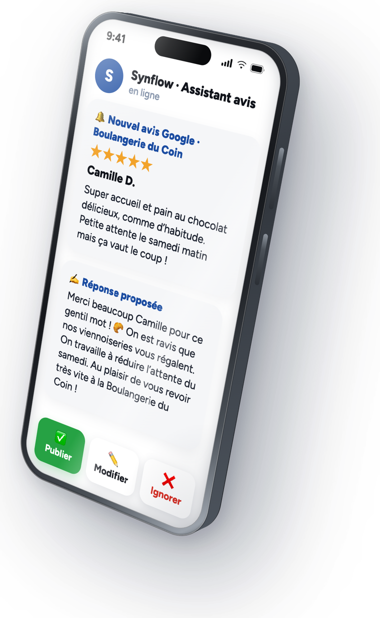 Aperçu : un avis Google 5 étoiles et la réponse préparée par Synflow, à valider d'un clic sur votre téléphone (Publier, Modifier ou Ignorer).